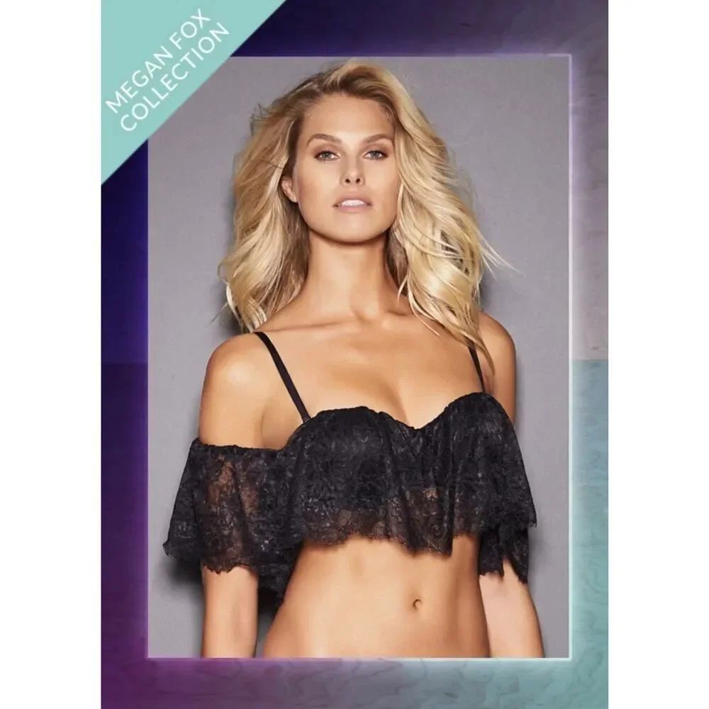 NWT Frederick's of Hollywood x Megan Fox Black lona Lace Ruffle Bandeau Bra SZ S